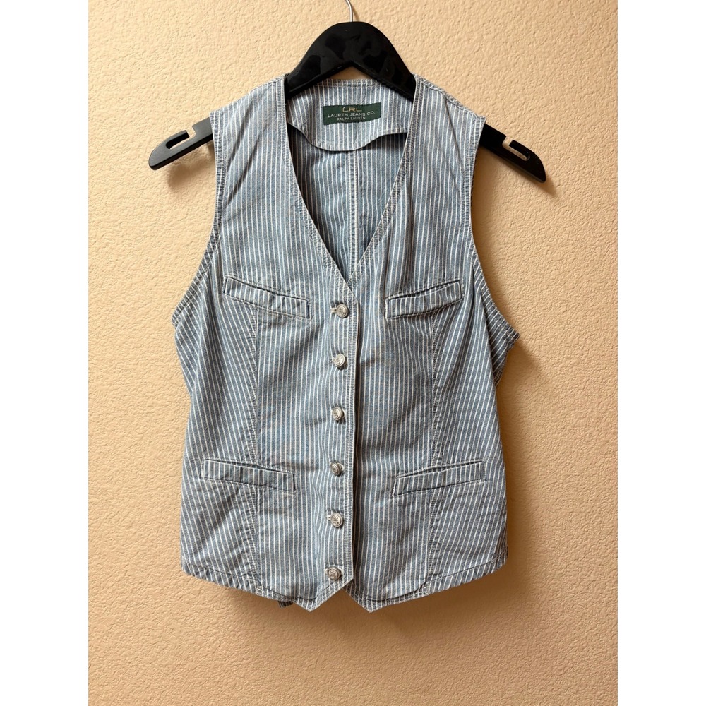 Lauren Ralph Lauren Hickory Stripe Denim Vest Blue White Cinch Back Small